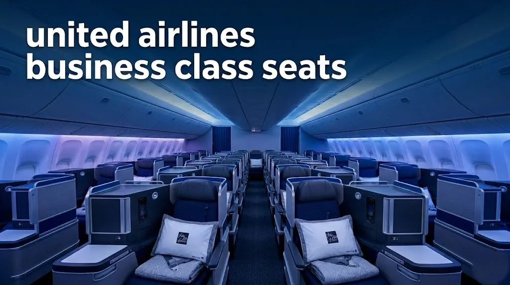 An empty United Airlines Polaris cabin with blue lighting and the text "united airlines business class seats" as a bold editorial headline.