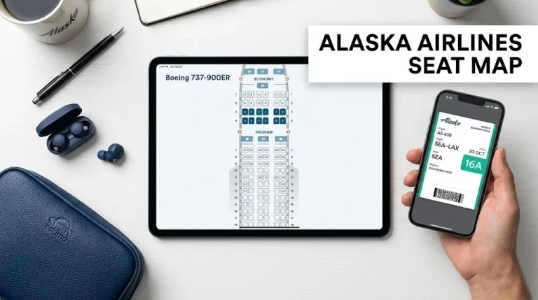 An overhead shot of a tablet showing the alaska airlines seat map with a smartphone displaying a boarding pass for the best seat, 16A.