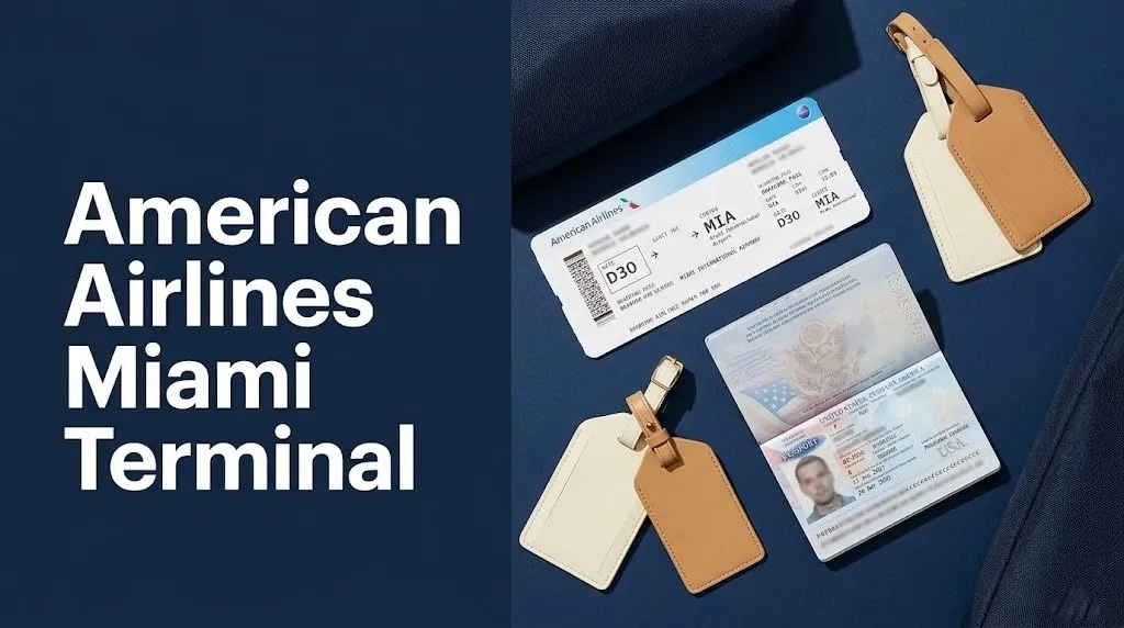 Boarding pass and passport flat-lay for American Airlines Miami Terminal guide at MIA Concourse D, 2026.