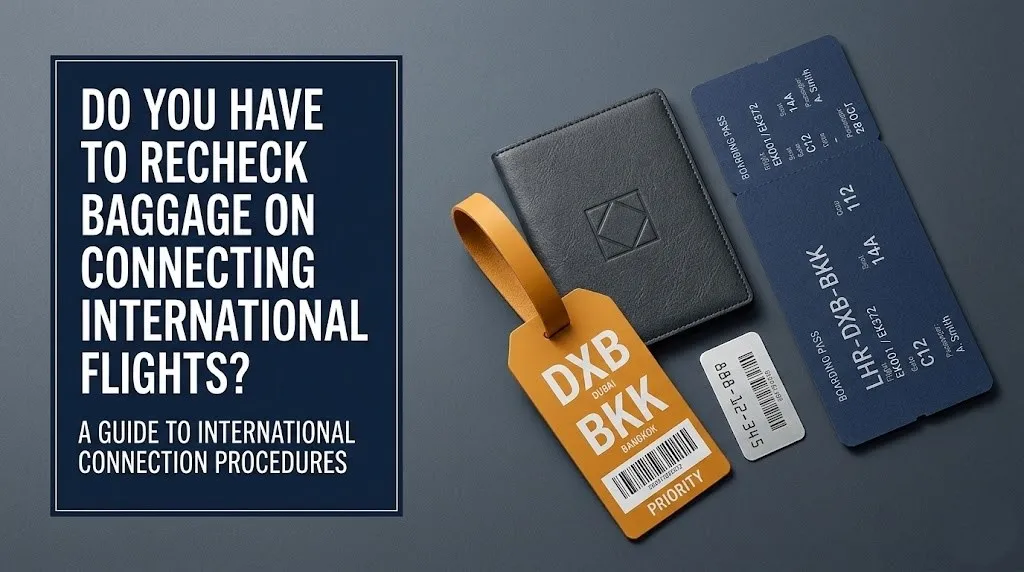 Boarding pass, passport, and luggage tag flat-lay illustrating whether you have to recheck baggage on connecting international flights.