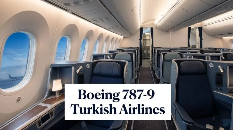 Boeing 787-9 Turkish Airlines business class cabin interior with staggered lie-flat seats and oval Dreamliner windows.