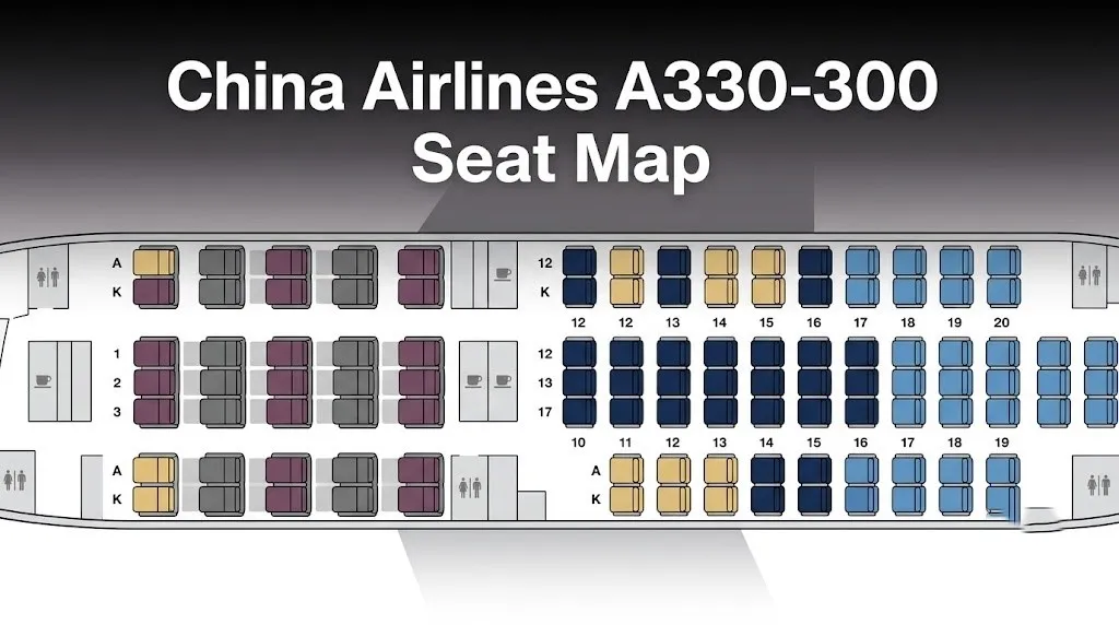 China Airlines A330-300 seat map illustration showing 2-2-2 business class and 2-4-2 economy class layouts with best seats highlighted for a seat guide article.