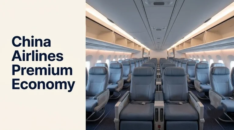 China Airlines Premium Economy empty cabin interior showing 2-2-2 seat configuration with blue-gray upholstery and warm lighting