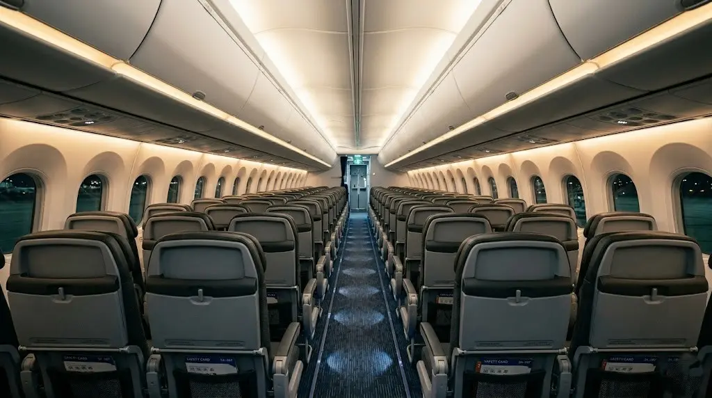 Cinematic view down a commercial airplane cabin aisle with warm interior lighting