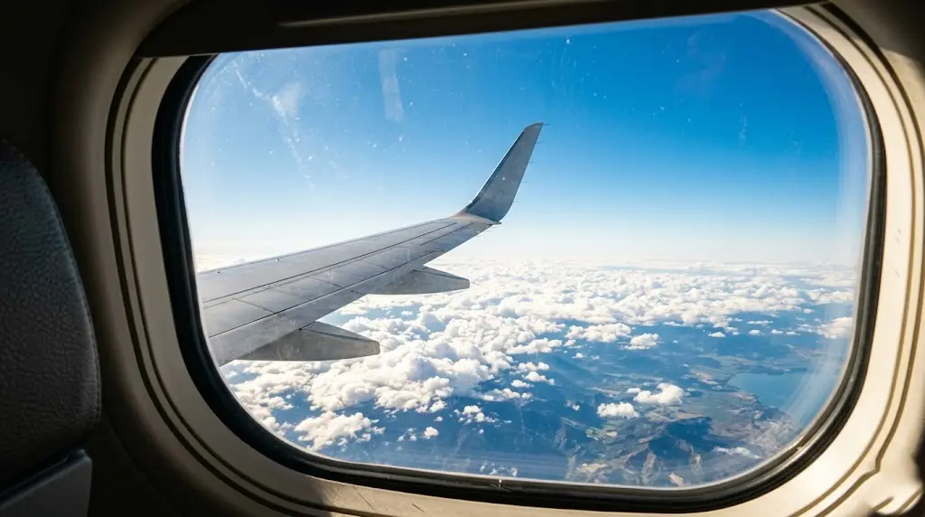Close-up of business class airplane seat headrest and recline control in luxury cabin