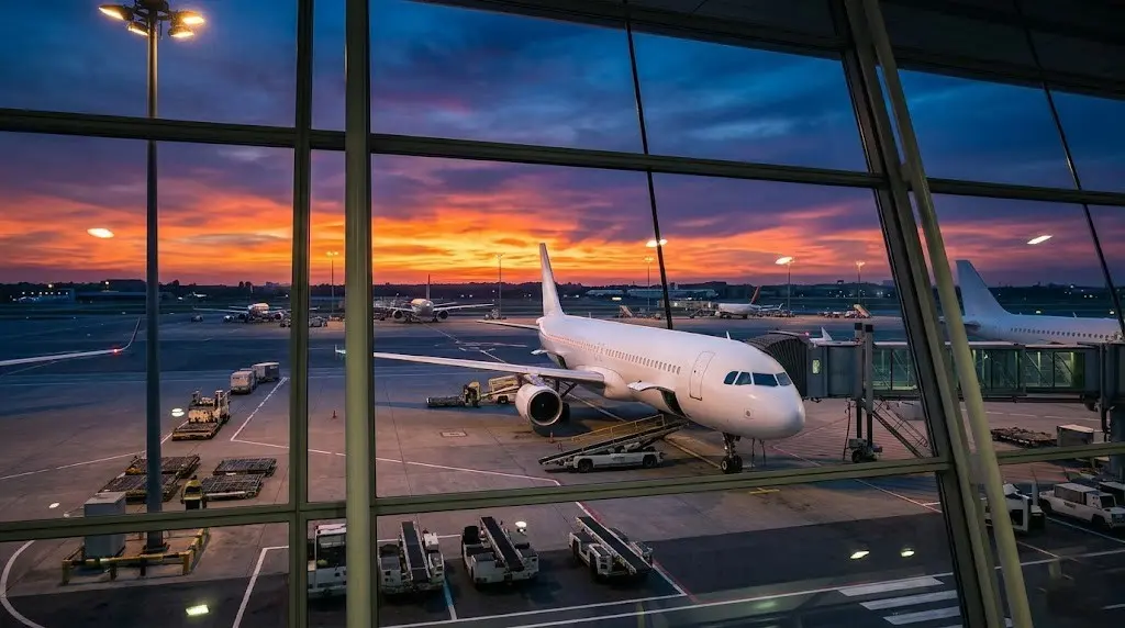Commercial aircraft parked at airport gate at dusk with terminal visible in background
