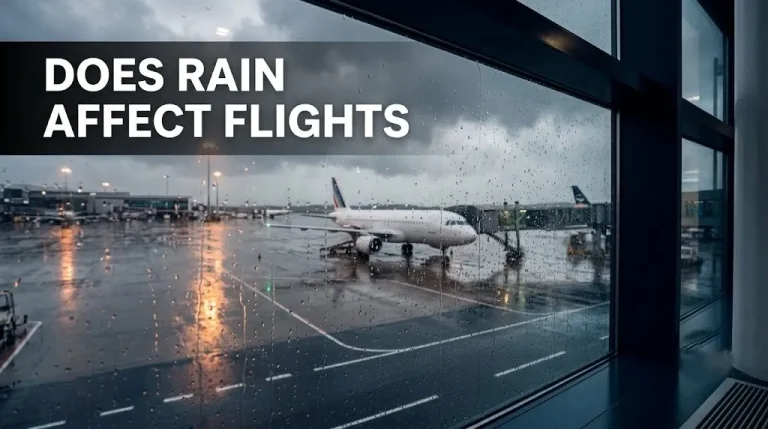 Commercial airliner on wet tarmac viewed through rain-streaked airport window with headline Does Rain Affect Flights for aviation weather guide.
