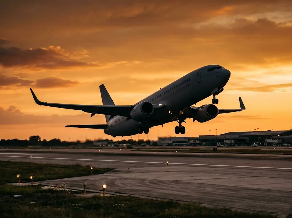 Commercial airplane taking off at golden hour with orange sky in the background