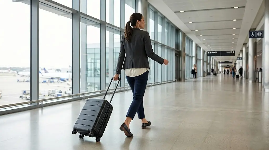 Confident traveler walking through modern airport terminal pulling rolling luggage