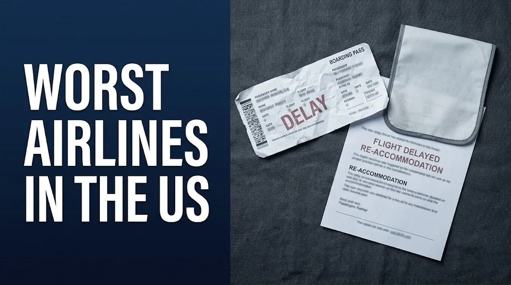 Crumpled boarding pass and delay notice flat-lay with bold headline text reading Worst Airlines in the US on navy background