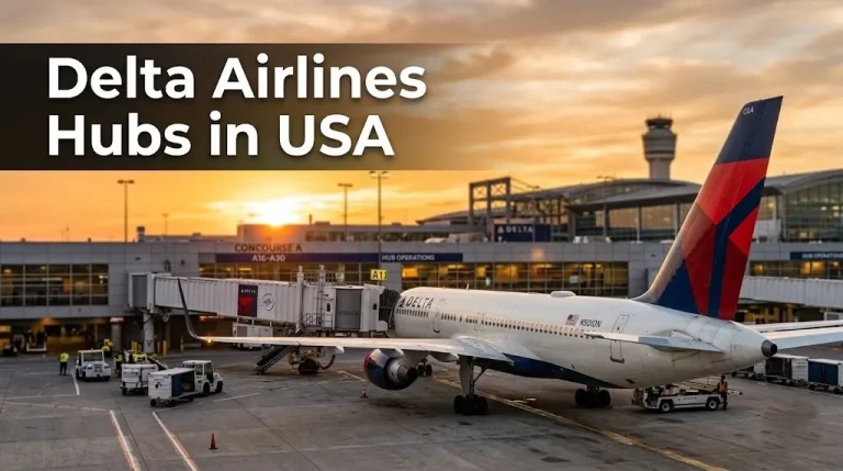 Delta Air Lines aircraft at airport gate with headline reading Delta Airlines Hubs in USA editorial hero banner for aviation hub guide.
