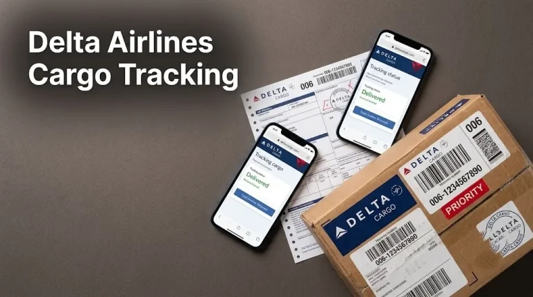 Delta Cargo air waybill document and smartphone showing tracking webpage for Delta Airlines Cargo Tracking shipping guide.