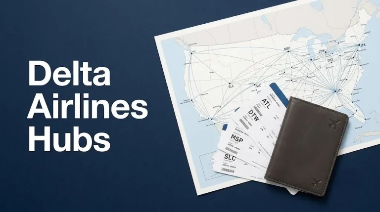 Delta airlines hubs map flat-lay with boarding passes showing ATL JFK DTW MSP SLC hub codes on navy background