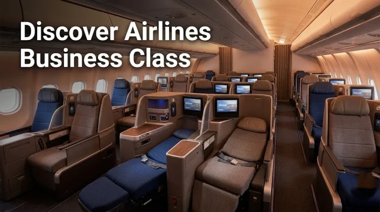 Discover Airlines Airbus A330 business class cabin showing 2-2-2 lie-flat seat configuration for Discover Airlines Business Class review.