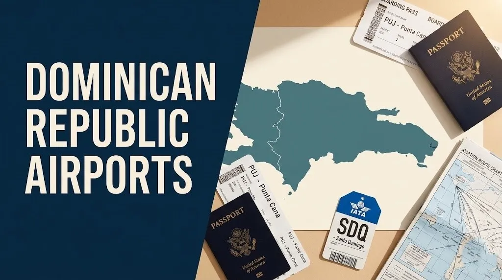 Dominican Republic Airports guide showing DR airport map with boarding passes for PUJ Punta Cana and SDQ Santo Domingo