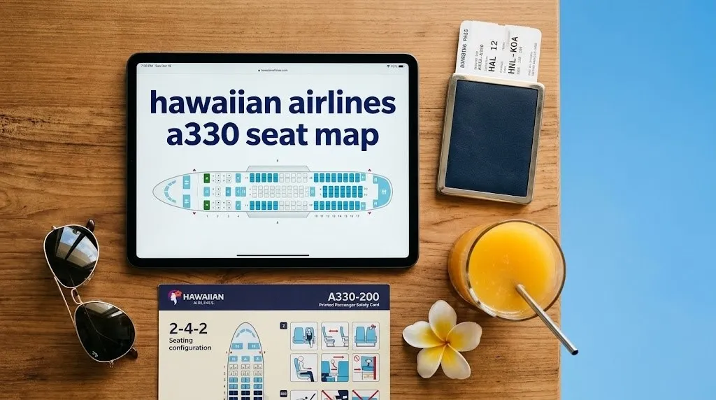 Editorial flat-lay photo of a tablet showing the hawaiian airlines a330 seat map headline, next to an A330 safety card and tropical travel items.