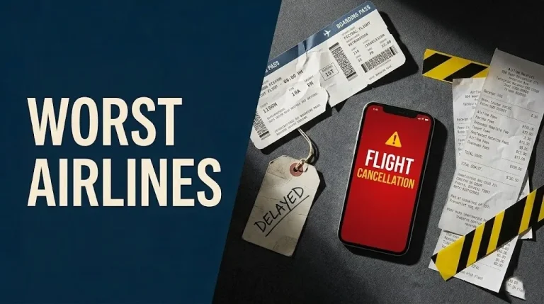 Editorial hero image with Worst Airlines headline text over boarding pass and cancellation notification flat-lay composition.