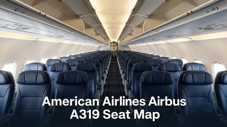 Editorial interior photograph of an empty American Airlines Airbus A319 cabin showing the 3-3 economy seat layout with the text Airbus A319 American Airlines Seat Map overlaid.