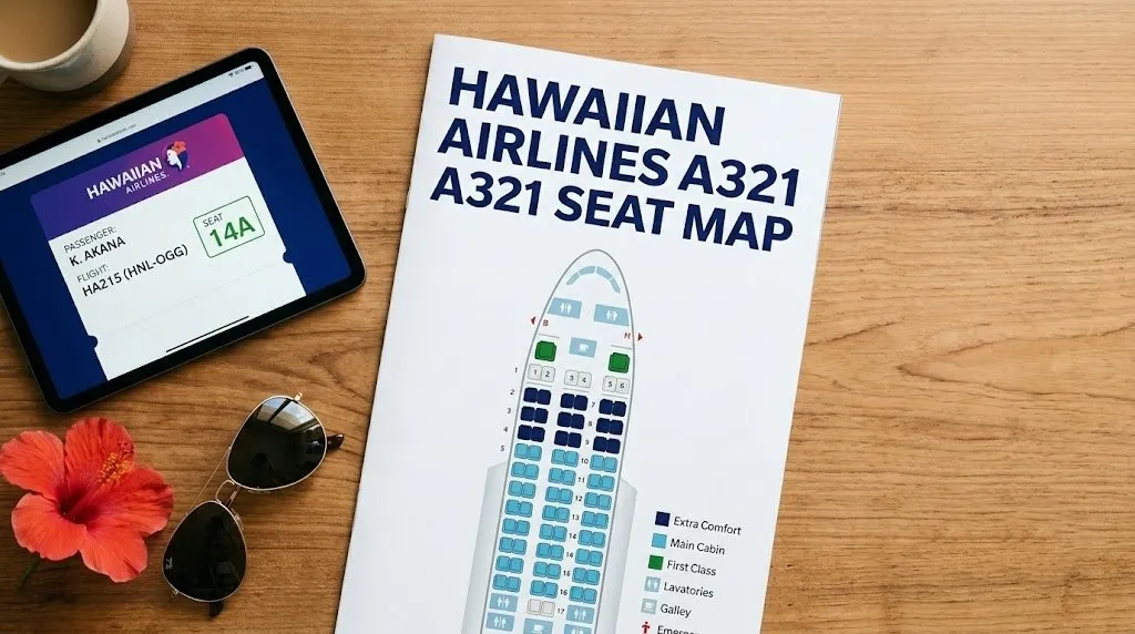 Editorial overhead photo of a printout showing the hawaiian airlines a321 seat map layout with tropical travel items.