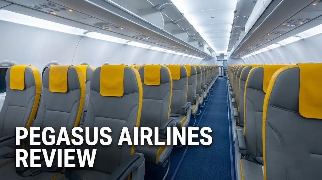 Editorial photograph of an empty Pegasus Airlines A320neo cabin with yellow-trimmed slimline seats, illustrating a Pegasus Airlines review.