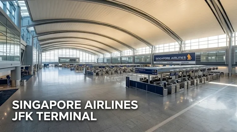 Editorial photograph of the empty JFK Terminal 4 departures hall with a Singapore Airlines check-in sign.