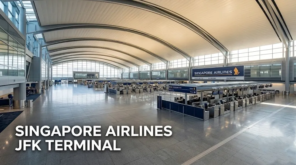 Editorial photograph of the empty JFK Terminal 4 departures hall with a Singapore Airlines check-in sign.