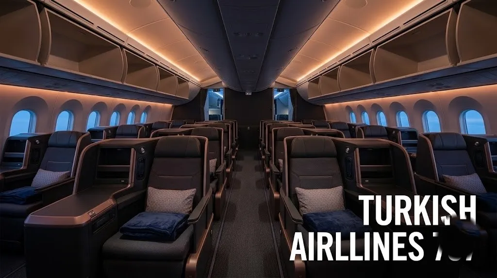 Editorial photograph of the empty Turkish Airlines 787 business class cabin with 1-2-1 Stelia Symphony seats and dimmed electrochromic windows.