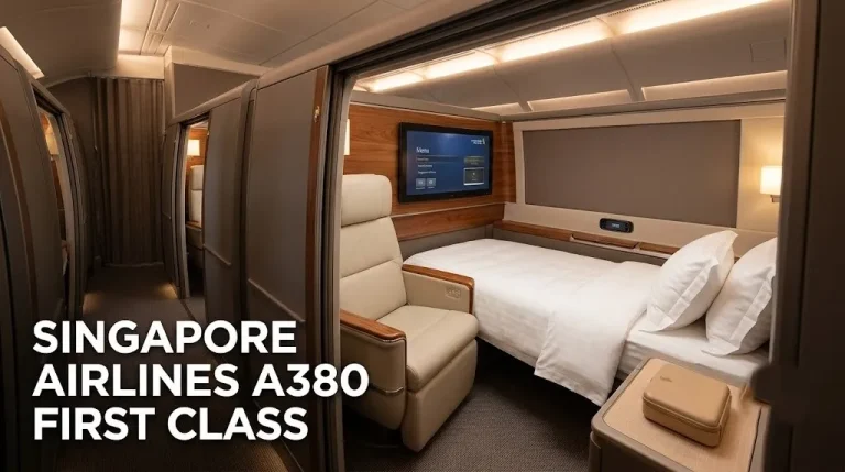Editorial photograph of the new Singapore Airlines A380 Suite with a separate chair and bed, illustrating Singapore Airlines A380 first class.