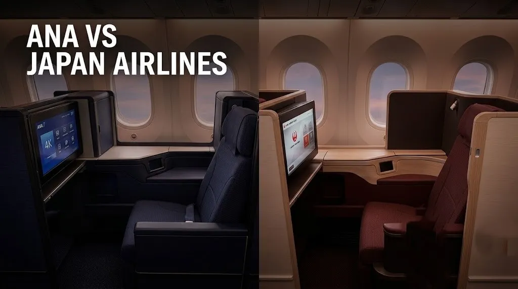 Editorial split comparison photo of the ANA The Room business class suite and the JAL A350-1000 suite, illustrating the ANA vs Japan Airlines debate.