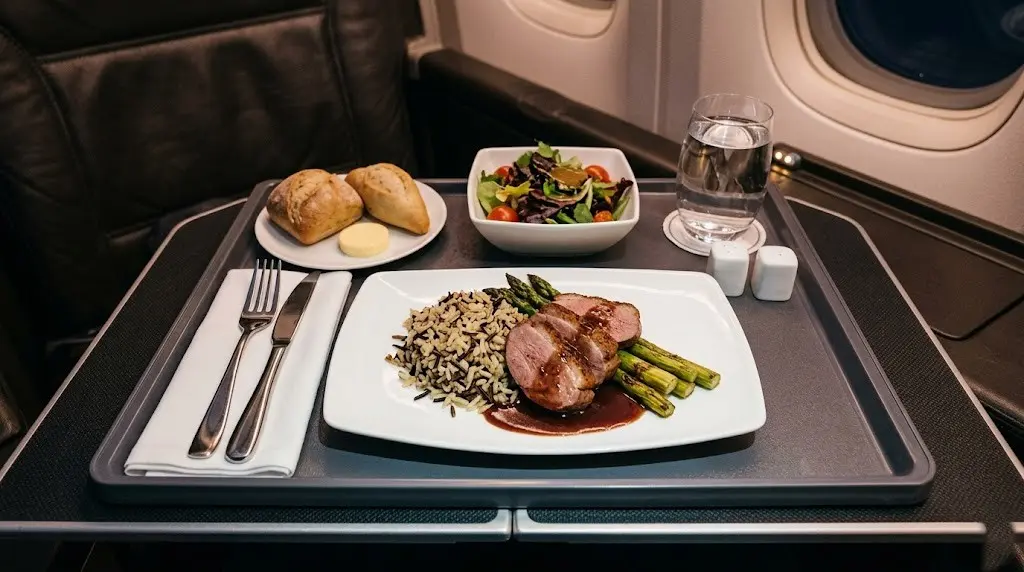 Elegant business class in-flight meal tray with gourmet food plating on white tableware