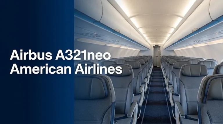 Empty Airbus A321neo American Airlines cabin interior with the headline text on a navy panel, editorial style.
