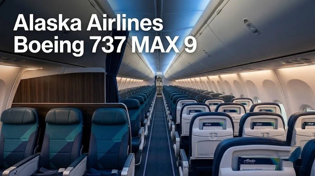 Empty Alaska Airlines 737 MAX 9 cabin with Boeing Sky Interior showing 3-3 navy blue seats and first class divider.