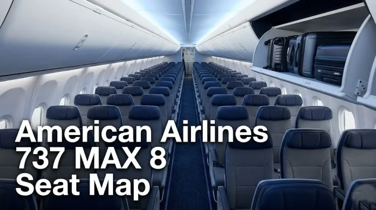 Empty American Airlines 737 MAX 8 cabin with 3-3 slimline economy seats and Boeing Space Bins, featured in the seat map guide.