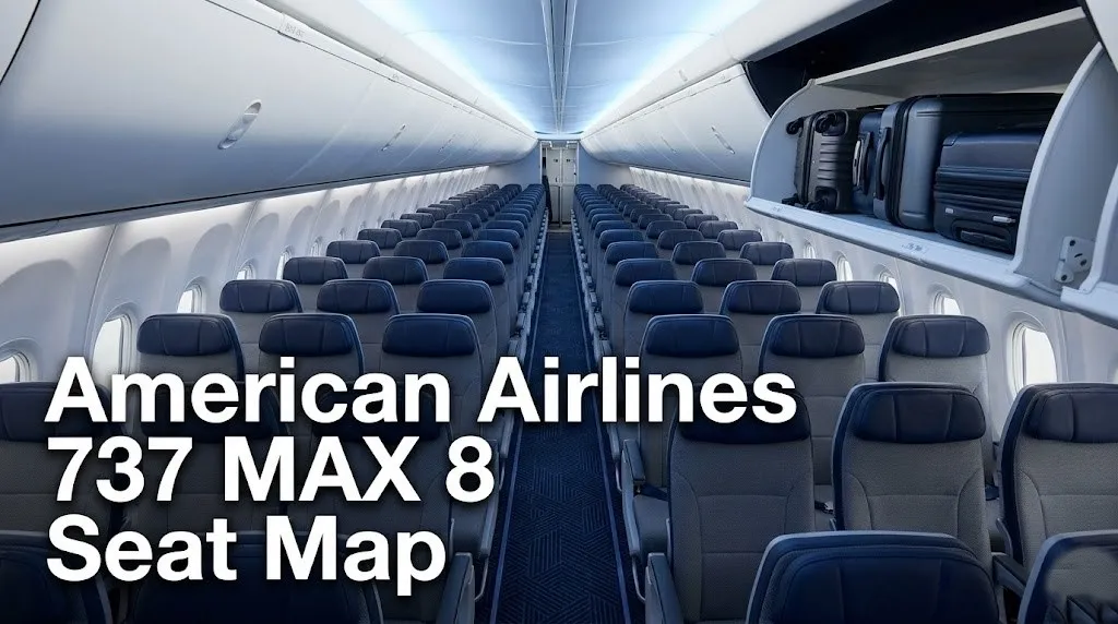 Empty American Airlines 737 MAX 8 cabin with 3-3 slimline economy seats and Boeing Space Bins, featured in the seat map guide.
