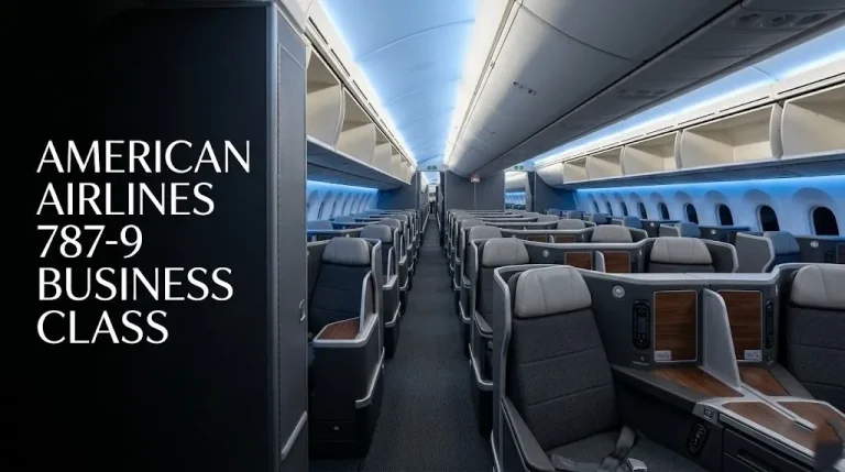 Empty American Airlines 787-9 business class cabin with 1-2-1 lie-flat Super Diamond seats and headline American Airlines 787-9 Business Class text overlay.