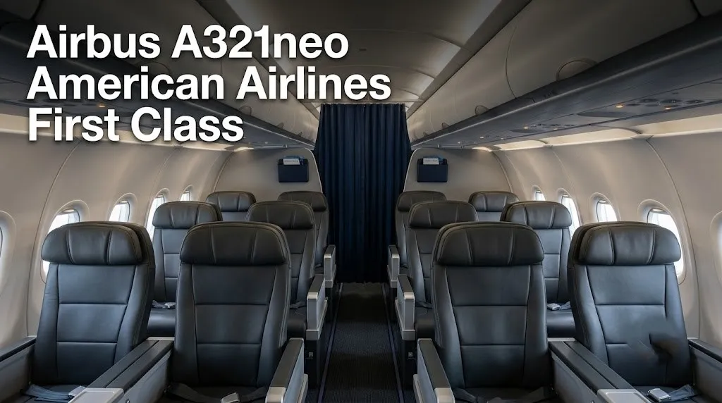 Empty American Airlines A321neo first class cabin showing 2-2 charcoal leather seats with seat-back screens and cabin divider.