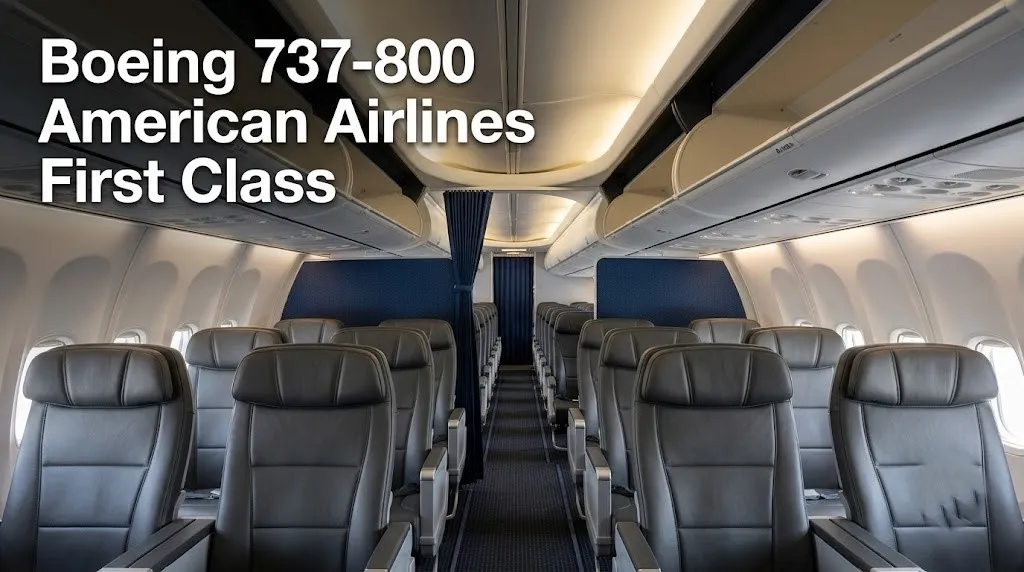 Empty American Airlines Boeing 737-800 first class cabin showing 2-2 charcoal leather seats with cabin divider and overhead bins.