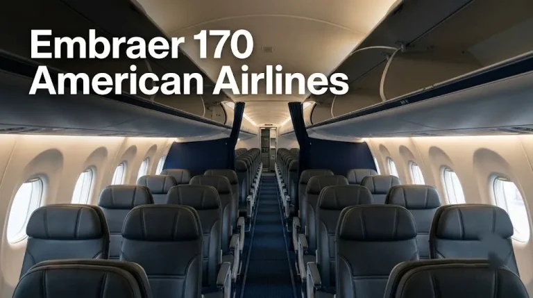 Empty American Airlines Embraer 170 cabin showing 2-2 seating and forward 1-2 first class configuration with oval Embraer windows.
