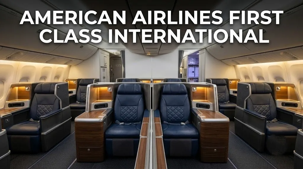 Empty American Airlines Flagship First class cabin on a Boeing 777-300ER with private seats and ottomans, illustrating the american airlines first class international experience.