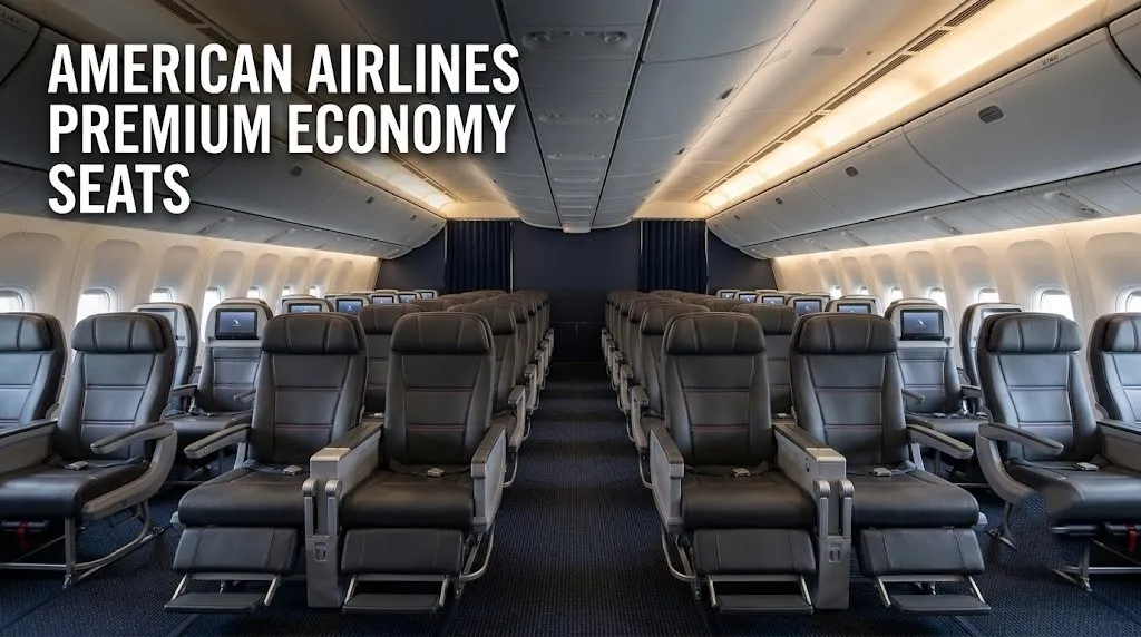 Empty American Airlines premium economy cabin on Boeing 777-300ER showing 2-4-2 seating with charcoal gray seats and extended footrests.
