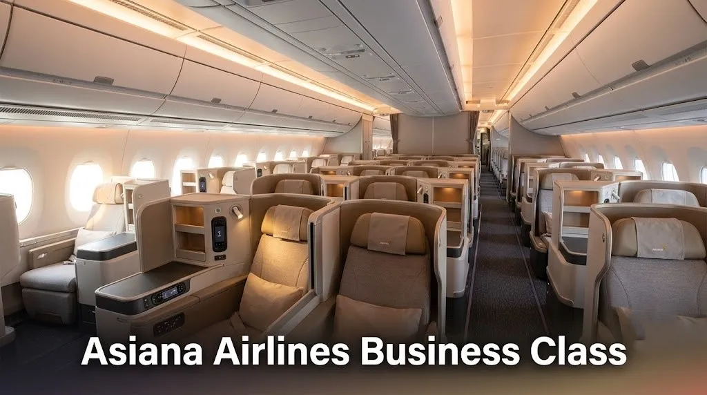 Empty Asiana Airlines Airbus A350 business class cabin with 1-2-1 Smartium suites and sliding doors with text Asiana Airlines Business Class overlaid.