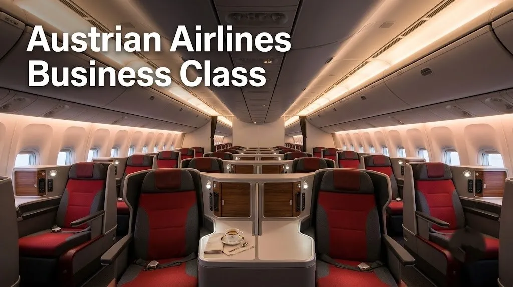 Empty Austrian Airlines 777 business class cabin with staggered 1-2-1 lie-flat seats in red and charcoal upholstery with Viennese coffee cup on side table.