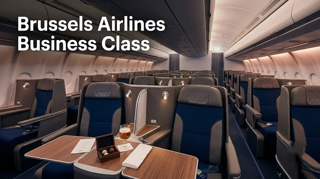 Empty Brussels Airlines A330 business class cabin with 1-2-1 lie-flat seats and Belgian chocolate on tray table.