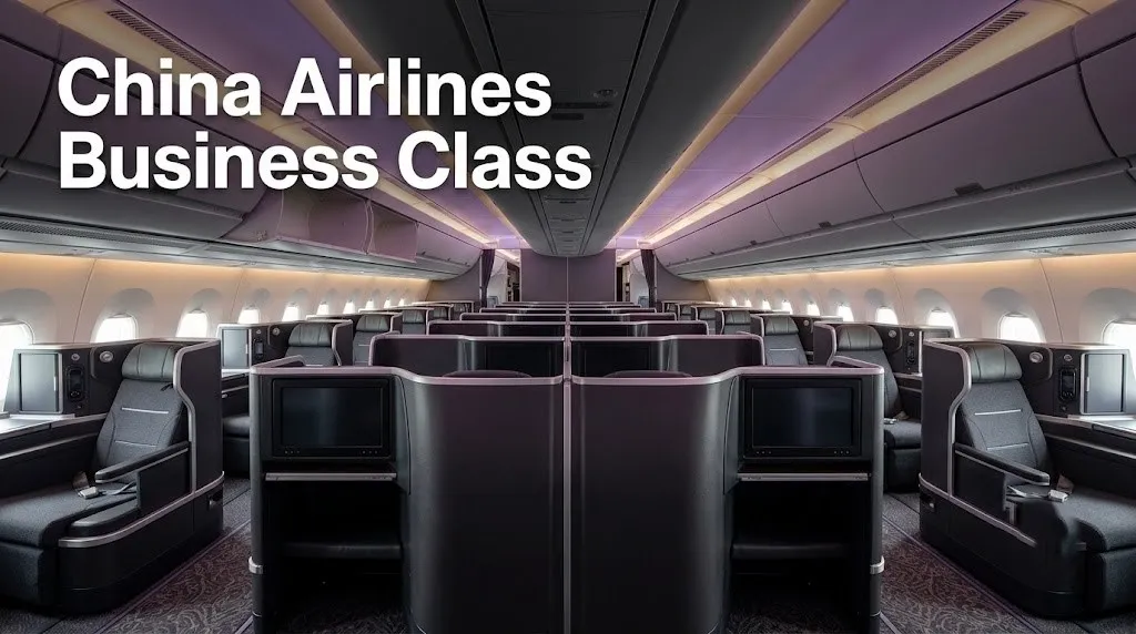 Empty China Airlines A350-900 business class cabin with reverse herringbone 1-2-1 lie-flat seats and warm ambient cabin lighting.