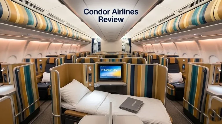 Empty Condor A330neo business class cabin with striped suites and Condor Airlines Review text overlay.