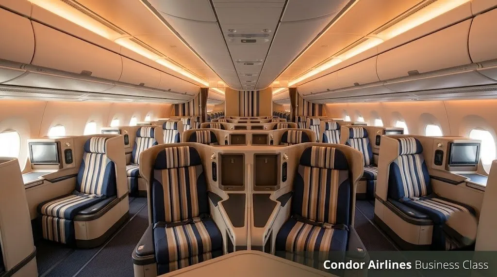 Empty Condor Airlines Airbus A330neo business class cabin with striped 1-2-1 lie-flat seats and text Condor Airlines Business Class overlaid.