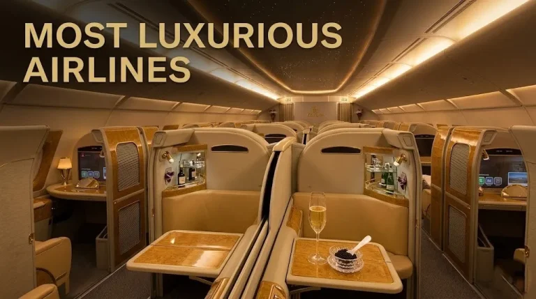 Empty Emirates A380 first class suite cabin with private suites champagne and caviar on polished wood table.