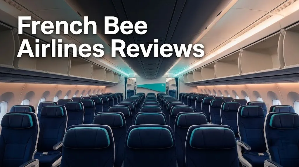 Empty French Bee A350 economy cabin with 3-4-3 navy blue slimline seats and turquoise accent details under soft LED cabin lighting.