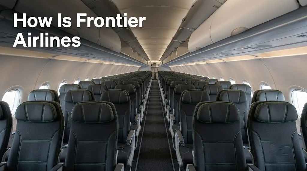 Empty Frontier Airlines A320neo economy cabin with slimline charcoal seats showing three-by-three configuration and green accent stitching.