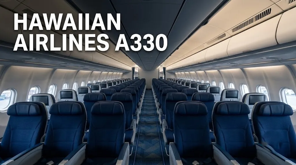 Empty Hawaiian Airlines A330 economy cabin interior showing 2-4-2 seating configuration with navy blue seats stretching toward rear of aircraft.